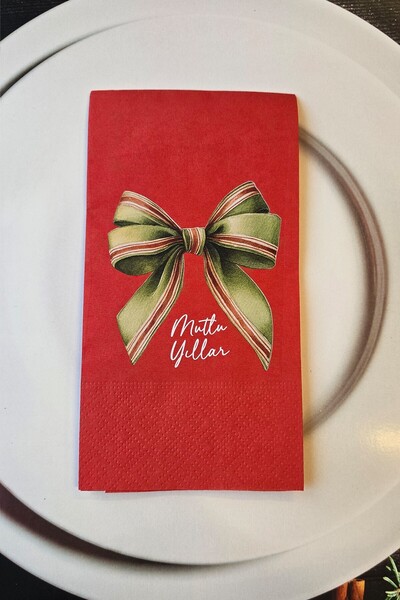 PEKSHOP مناديل حمراء أنيقة مزينة بفيونكة خضراء مع عبارة 'سنة جديدة سعيدة' مكت...