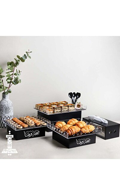 Story of candle Black buffet table set with the phrase 'Sahha wa Huna' (Wooden + Acrylic)