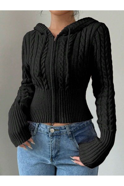 ASEZ BUTİK Elegant Striped Knit Detailed Zippered Hooded Knitwear Crop Cardigan