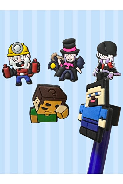 Buki'nin Atölyesi Kalem Başlığı Süsü Figürlü 5 li set brawl stars Minecraft