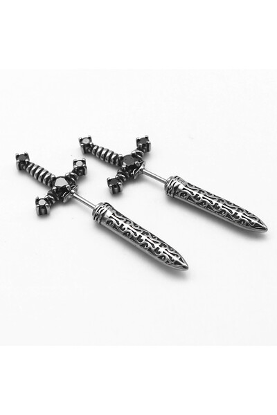 Viking Sword Design Embroidered Zircon Stone Nail Model 316L Stainless & Non-Tarnish Steel Earrings Pair