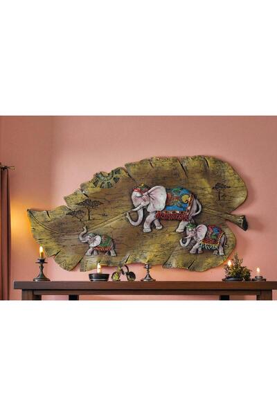 e-life shop Lüks İşlemeli Yaprak Üzerinde Fil Ailesi Dekoratif Duvar Tablosu ...