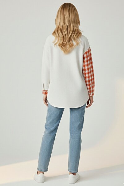 Kübra Tekstil Women's Orange Oversize Fit Plaid Patterned Long Sleeve 100% Cotton Shirt, Jacket, Women's Lumberjack Shirt