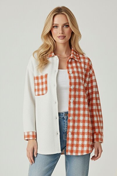 Kübra Tekstil Women's Orange Oversize Fit Plaid Patterned Long Sleeve 100% Cotton Shirt, Jacket, Women's Lumberjack Shirt