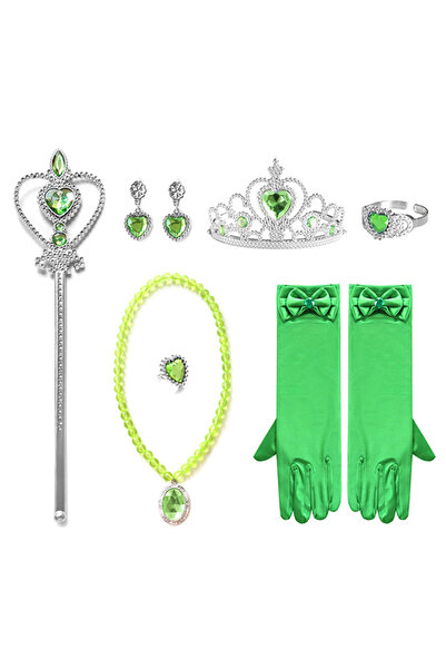 THK Set de 6 bijuterii, baghetă magică, mănuși, colier, cercei, coroană de sirenă, zână, regină - verde
