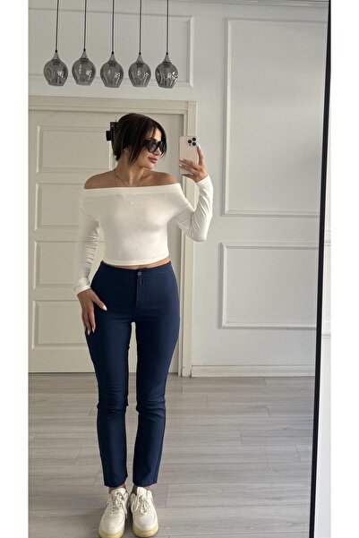 Daves Navy Blue Carrot Cut Fabric Trousers with Elastic Detail at the Back