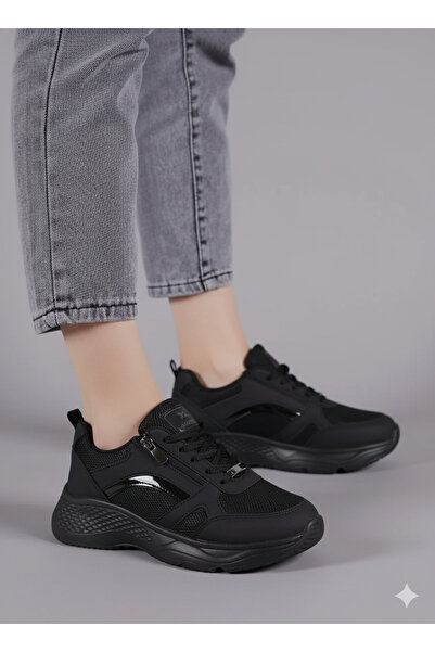 Scrooll Siyah Fileli Kalın Taban Fermuarlı Sneaker Kadın Spor Ayakkabı