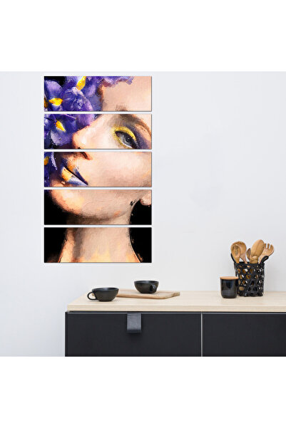 Generic Wall panel - drawing of a woman with purple flowers - 30037 - divided into five equal pieces