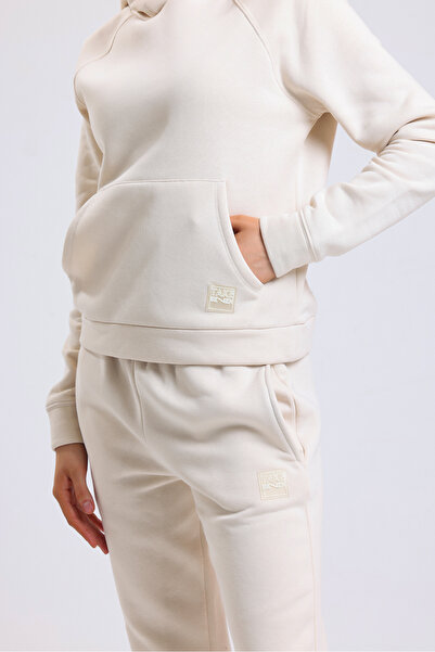 MELA ROSSA Women's Stone Hooded Pocketed 3 Thread Sweattshirt Ribbed Tracksuit Set