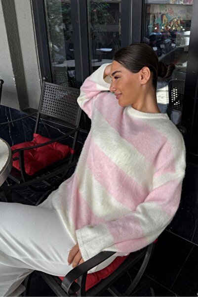 ELBA STİL Pulover de damă roz cu guler rotund dungi