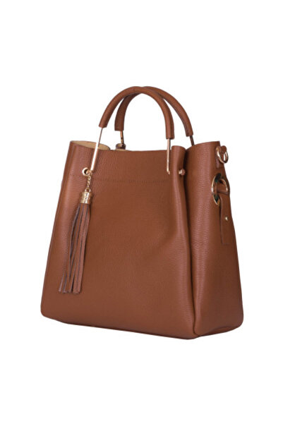 U Geantă de damă din piele cu mânere metalice - culoare maro coniac