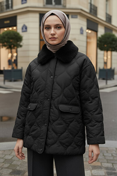 Salih Çelebi Palton cu guler de blană 5904 - NEGRU