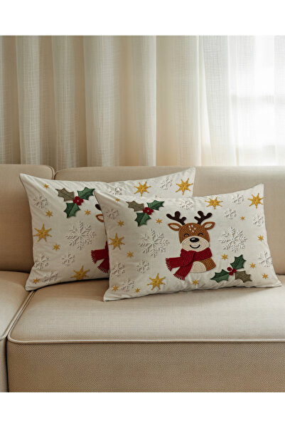 Artvibe Decor de Anul Nou, cremă, pachet de 2 huse de pernă cu cerb, imprimare digitală cu aspect brodat, cu fermoar ascuns