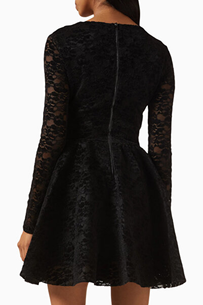 Maje Velvet Lace Royaldentel Kısa Pleated Dress, Siyah, Tanımlı Bel ve Şeffaf Kollu