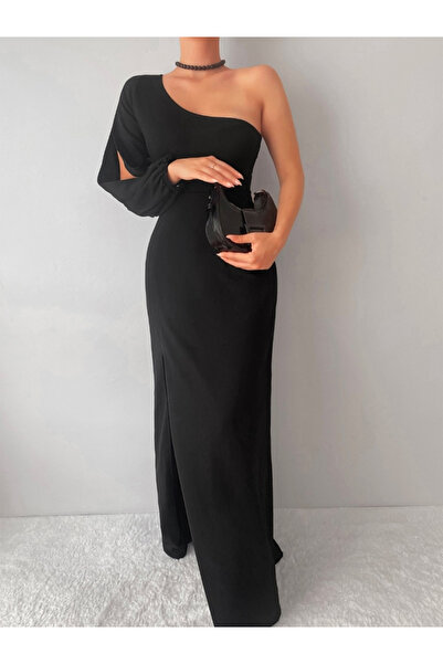 VELİZADE Kadın Tek Omuz Siyah Uzun Abiye Elbise Yırtmaçlı Kolda Pencere Detay Esnek Maxi Elbise