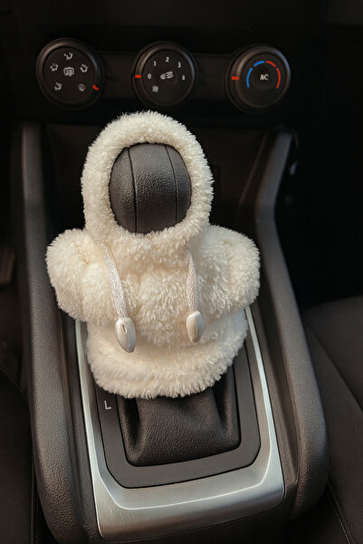 Çiçek Antalya Plush Gear Shift Cover with Cream Hoodie Design – Soft Winter Car Accessory