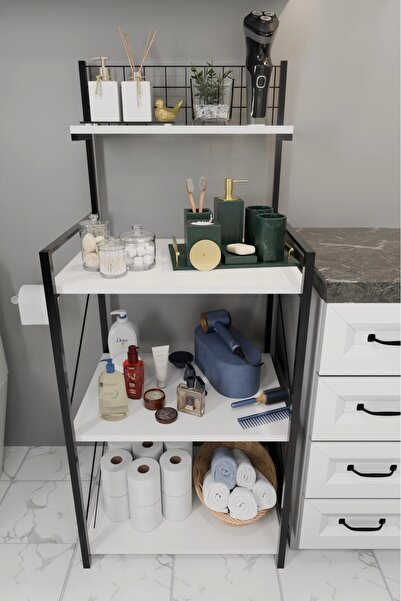 Steel Design 4 Katlı Banyo Rafı,Metal Çerçeveli Ahşap Raflı Çok Amaçlı Organizer,Temizlik Malzemesi Düzenleyici