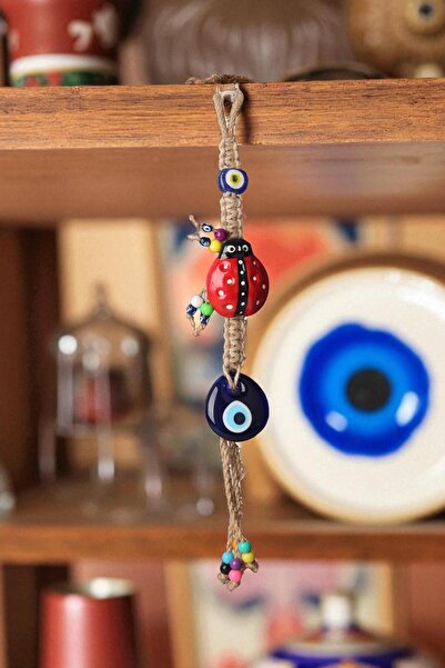 e-life shop Feng Shui Hasır ve Nazar Boncuklu Uğur Böceği Biblo Duvar Süsü Ev...