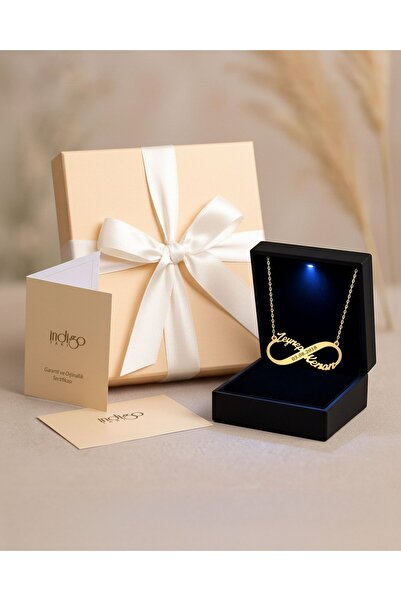 İNDİGO TAKI İki İsimli Tarihli Sonsuzluk Premium Hediye Kutulu Gümüş Kolye