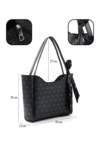 SHAKA Monogram Baskılı Siyah SHK240 Suni Deri Fermuarlı Tek Bölmeli Fular Hediyeli El,Kol ve Omuz Çantası