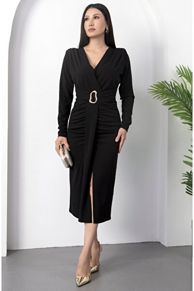 Afiş Butik Černé šaty s dvojitým límcem, dlouhým rukávem a přezkou v pase
