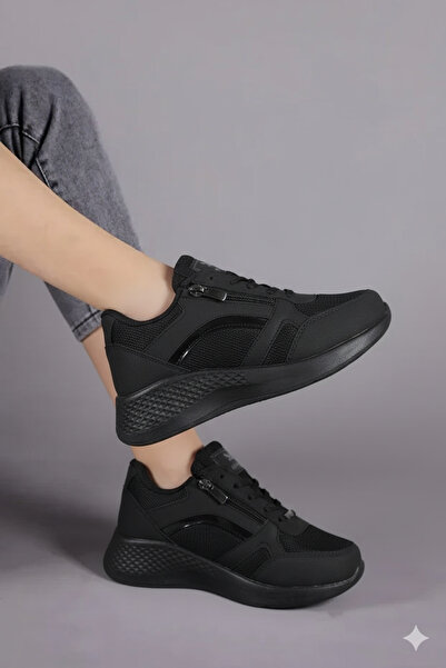 Scrooll Siyah Fileli Kalın Taban Fermuarlı Sneaker Kadın Spor Ayakkabı