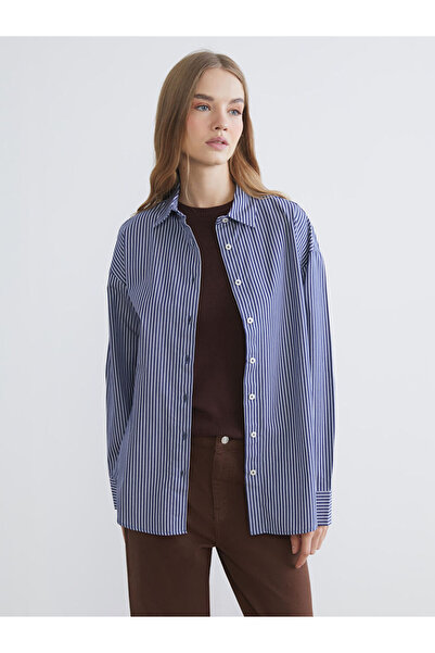 LC Waikiki Navy Blue Striped Oversize Women's Shirt