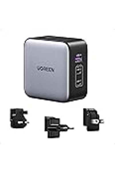 Ugreen شاحن سفر عالمي 65 وات من النوع C مع قابس الولايات المتحدة/المملكة المتحدة/الاتحاد الأوروبي، 3 منافذ Nexode GaN USB-C حائطي