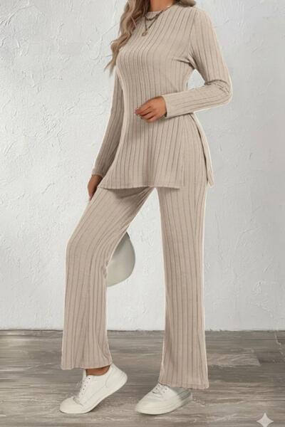 Mossta Crew Neck Side Slit Ruched Camisole Blouse Pants Two-Piece Set - Beige