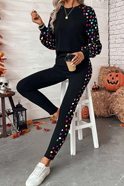 Mossta Heart Patterned Viscose Two Thread Double Suit - Black