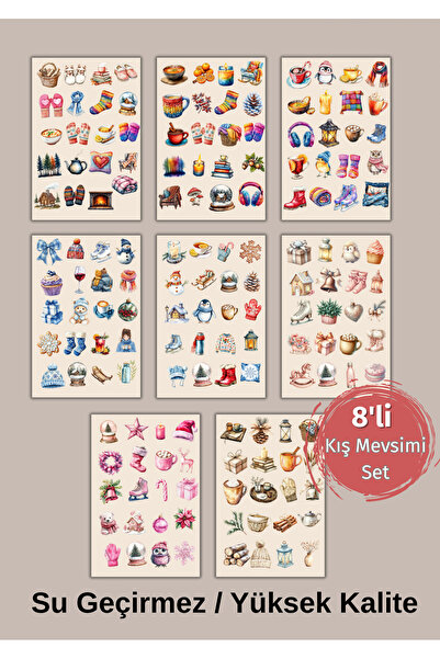 VORACRAFT 8'li Kış Mevsimi, Kar Tema Sticker Set Ajanda Bullet Journal Set SK...