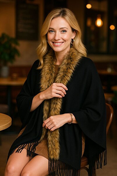 FELLMENS Black Faux Fur Plush Women's Poncho