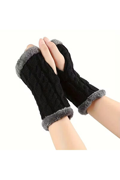 TATA CRAFT Kışlık Kürklü Örgü Parmaksız Moda Eldiven Gri Kürklü Özel Tasarım ...