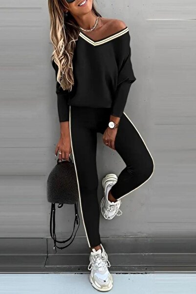 Mossta Striped V-Neck Off-The-Shoulder Two-Thread Suit - Black