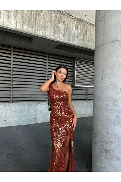 Modafeminen Trend Kadife Yırtmaçlı Elbise KİREMİT 583150