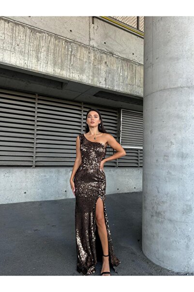 Modafeminen Trend Kadife Yırtmaçlı Elbise Bakır 583150