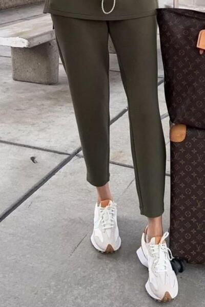 Mossta Turtleneck Elastic Modal Blouse Pants Two-Piece Set - Green