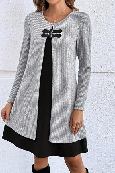 Mossta Buckle-Front Cardigan Dress Two-Piece Set - Black