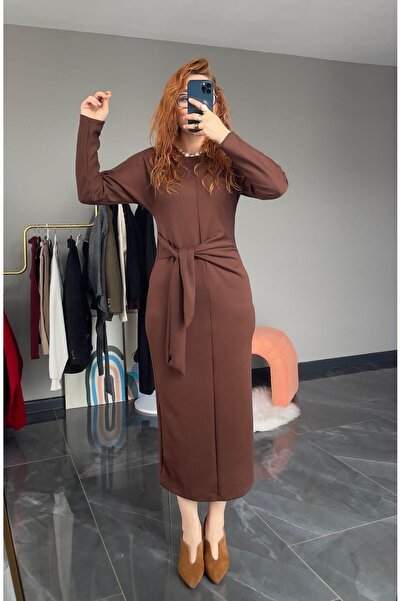 Çiğdem Sonkur Butik Yandan Bağlama Detaylı Elbise Kahve