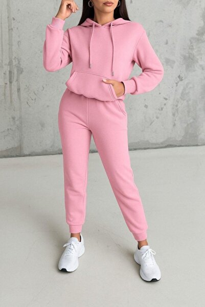 Mossta Hooded Pocket Three Thread Fabric Blouse Pants Two Piece Set - Pink