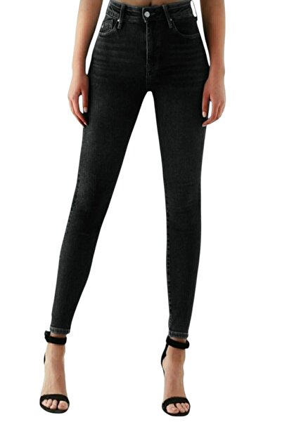 byhaziran butik بنطلون جينز نسائي ضيق عالي الخصر من الليكرا بلون الأنثراسيت م...