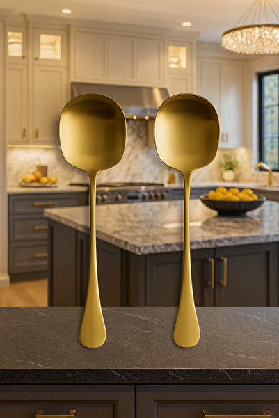 garaccu 2 Boy Paslanmaz Gold Çelik Lüx Servis Salata Kaşığı Spatula Çelik Yem...