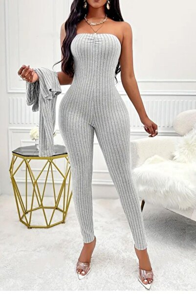 Mossta Strapless Jumpsuit and Crop Cardigan Ribbed Camisole Two-Piece Set - Gray
