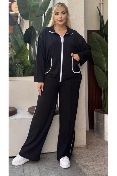 Butik Nilyam Γυναικείο Σετ Φούτερ Μεγάλου Μεγέθους Λευκό διακοσμητικό ρέλι Ελαστική Ζακέτα 25050