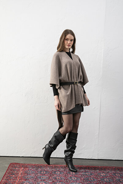 Wega Moda Kadın Kemerli Triko Panço / Pelerin – Şık ve Rahat Panço, Triko Panço