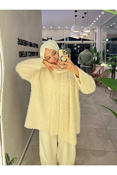 BZ BUTİK Angora Coat with Button Detail and Scarf Detail