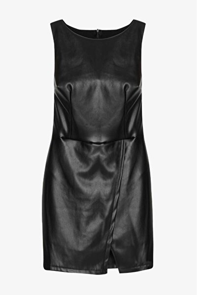 Quzu Без ръкави, с къси ръкави, плисирана, къса кожена рокля, черна