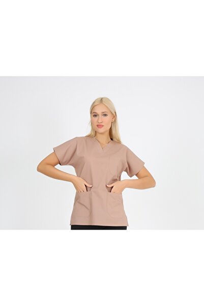 ModaCanel Cerrahi Doktor Hemşire Scrubs Bej Rengi Forma Tek Üst Slim Fit Kalıp