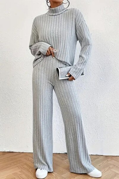 Mossta Turtleneck Ribbed Blouse Pants Two-Piece Set - Gray