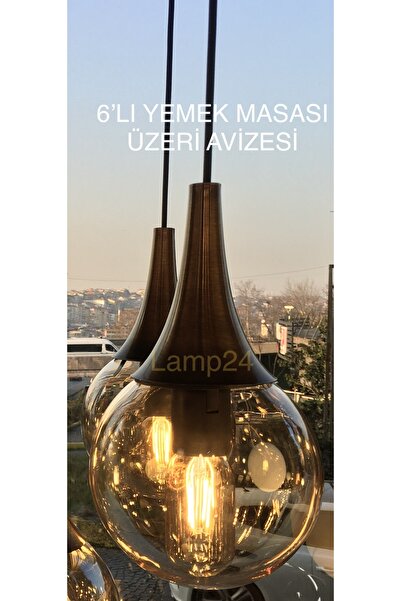 Lamp24 ROSA SERİSİ 6’LI YEMEK MASASI ÜZERİ BAL GLOP CAMLI ESKİTME AKSESUARLI ...